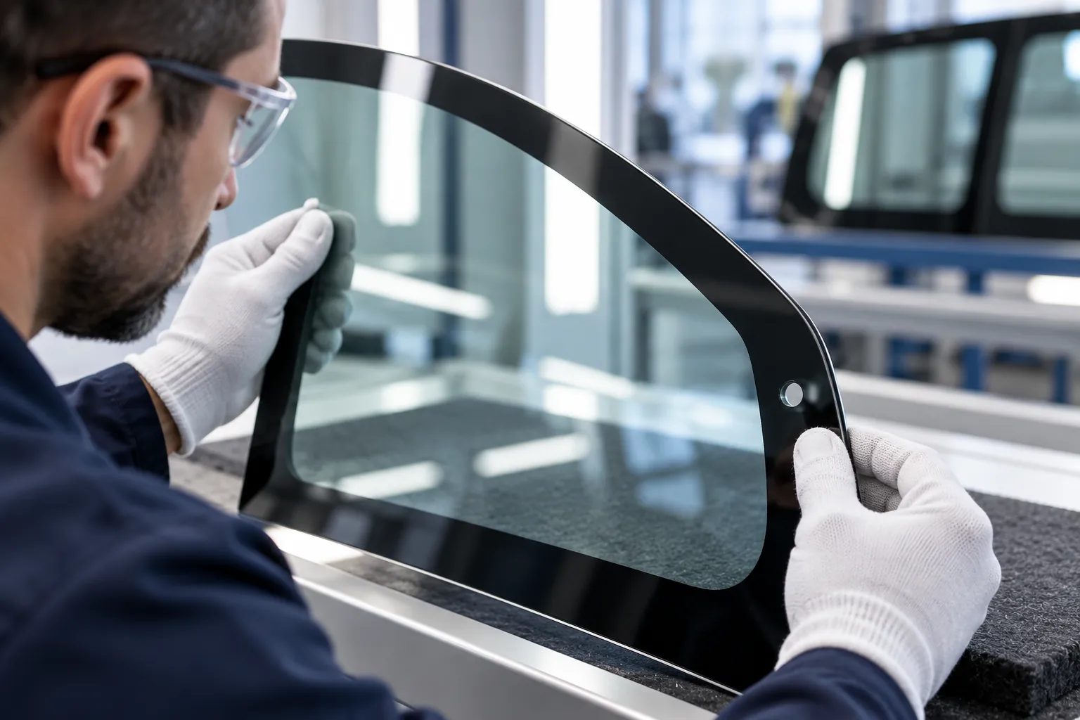 Illustrative automotive glass pane with a finished edge and printed area.