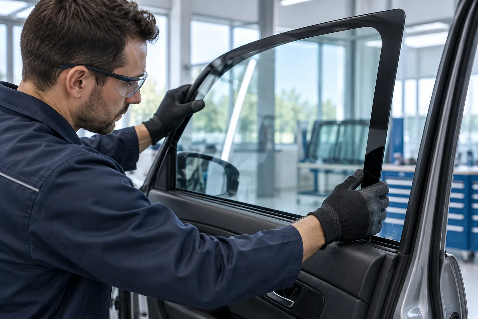 Ein Techniker prüft eine beispielhafte Seitenscheibe in der Türöffnung.