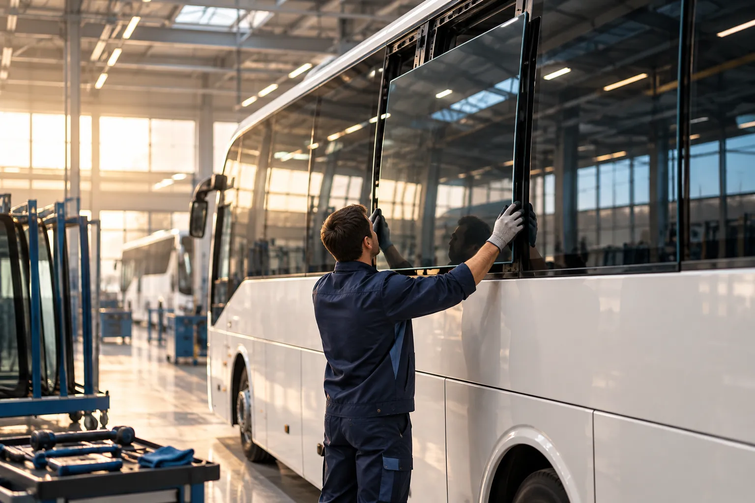 Visuel représentatif : un spécialiste aligne une vitre de bus près du joint et de la bordure de montage.